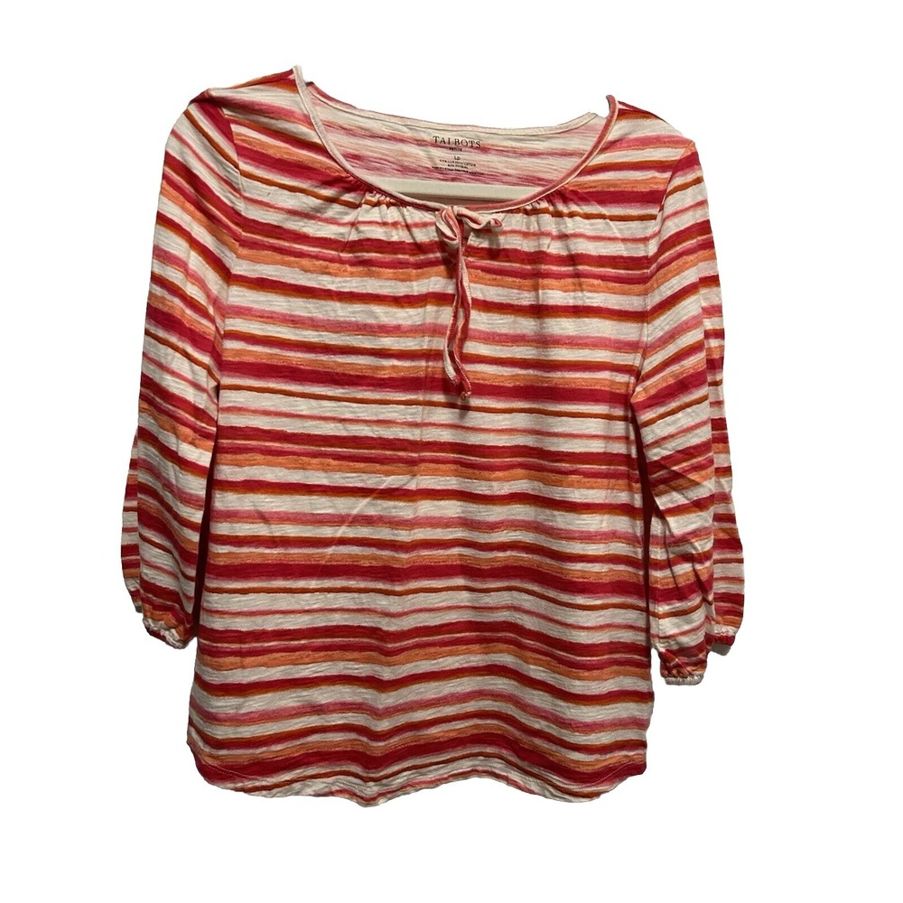 Talbots Pink Coral Stripe Knit Shirt LP 3/4‎ Roll Tab Sleeve Petite L Top